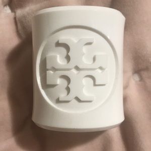 Tory Burch White Embossed Logo Cuff Bracelet